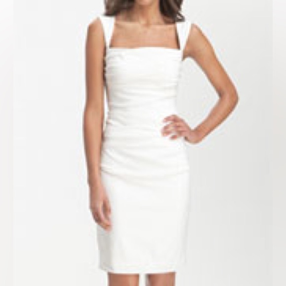 New Little White Dress by Suzi Chin for Maggie London Ruched Silk Sheath Dress